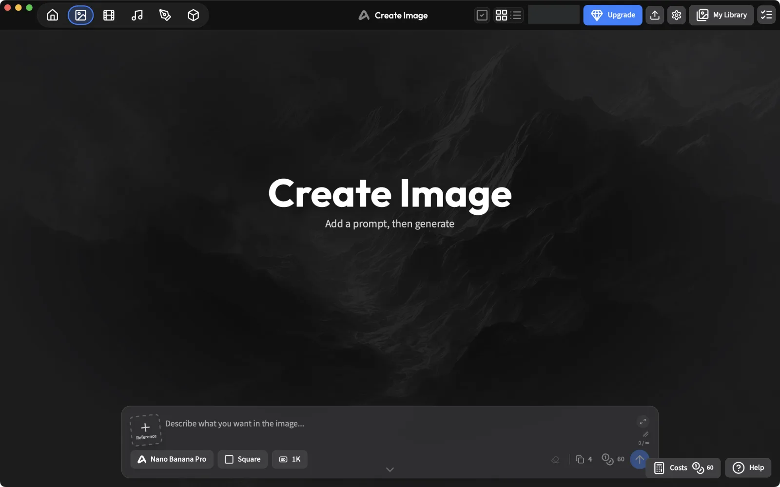 ArtCraft Create Image screen with prompt bar, model selector, image count and credit cost