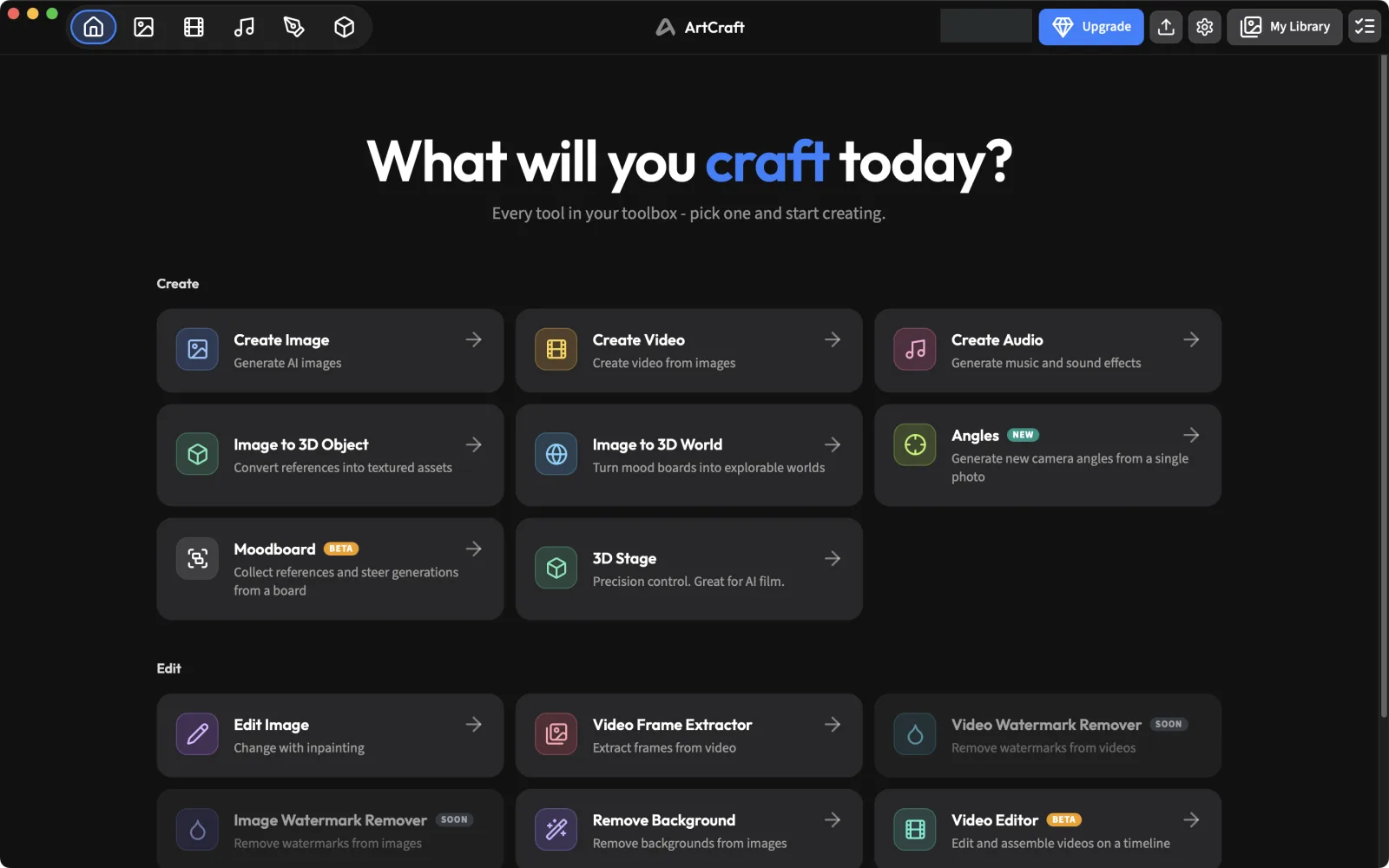 ArtCraft home screen What will you craft today with Create and Edit tool cards