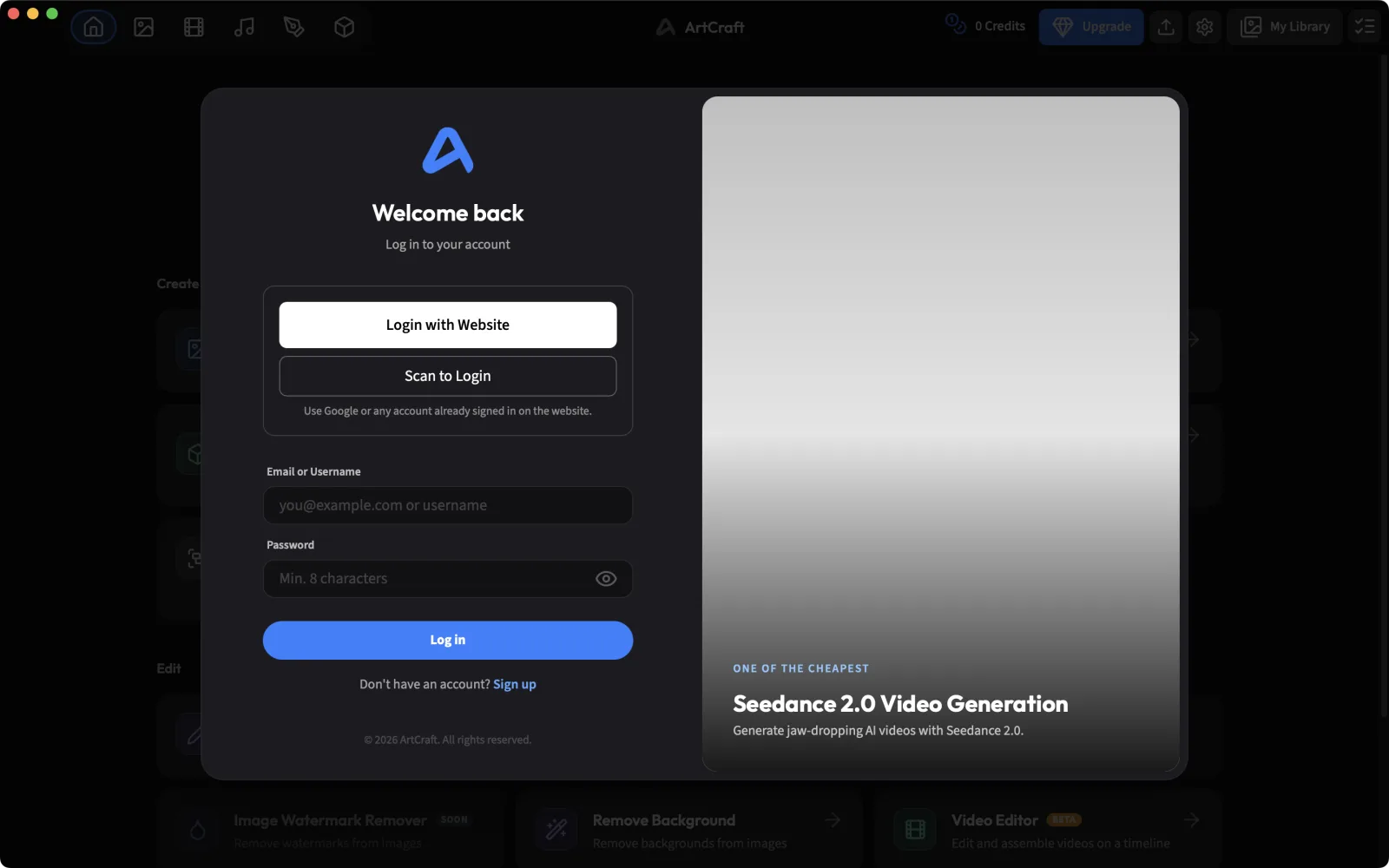 ArtCraft Welcome back login window with Login with Website and Scan to Login options