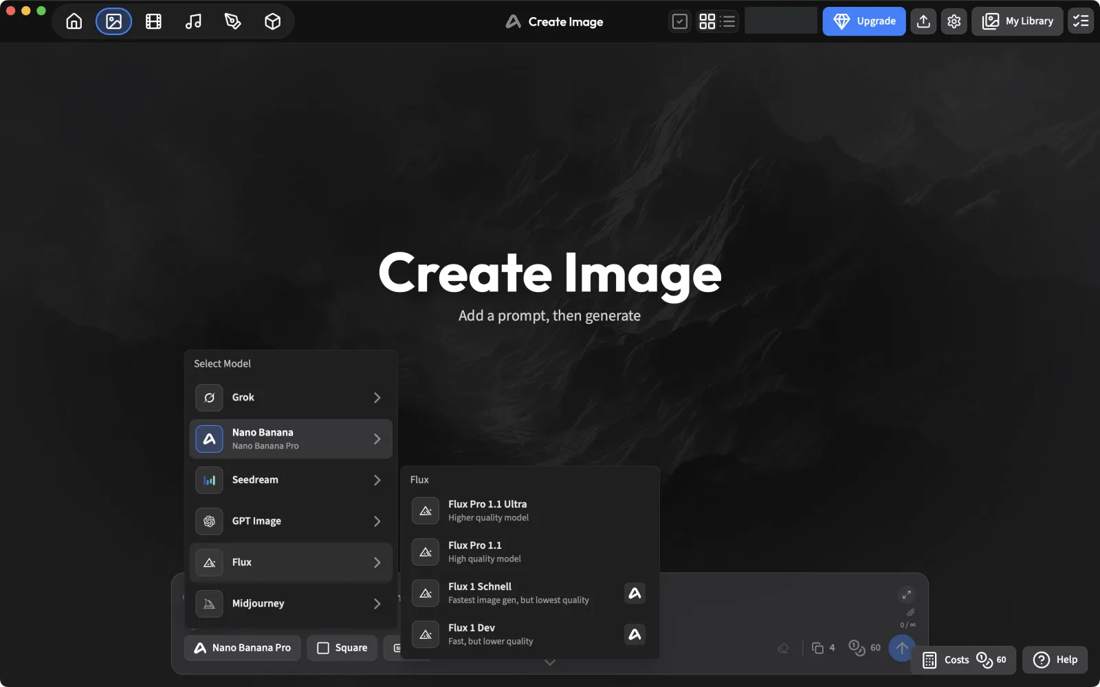 Flux submenu with Flux 1 Schnell, Flux 1 Dev, Flux Pro 1.1 and Flux Pro 1.1 Ultra