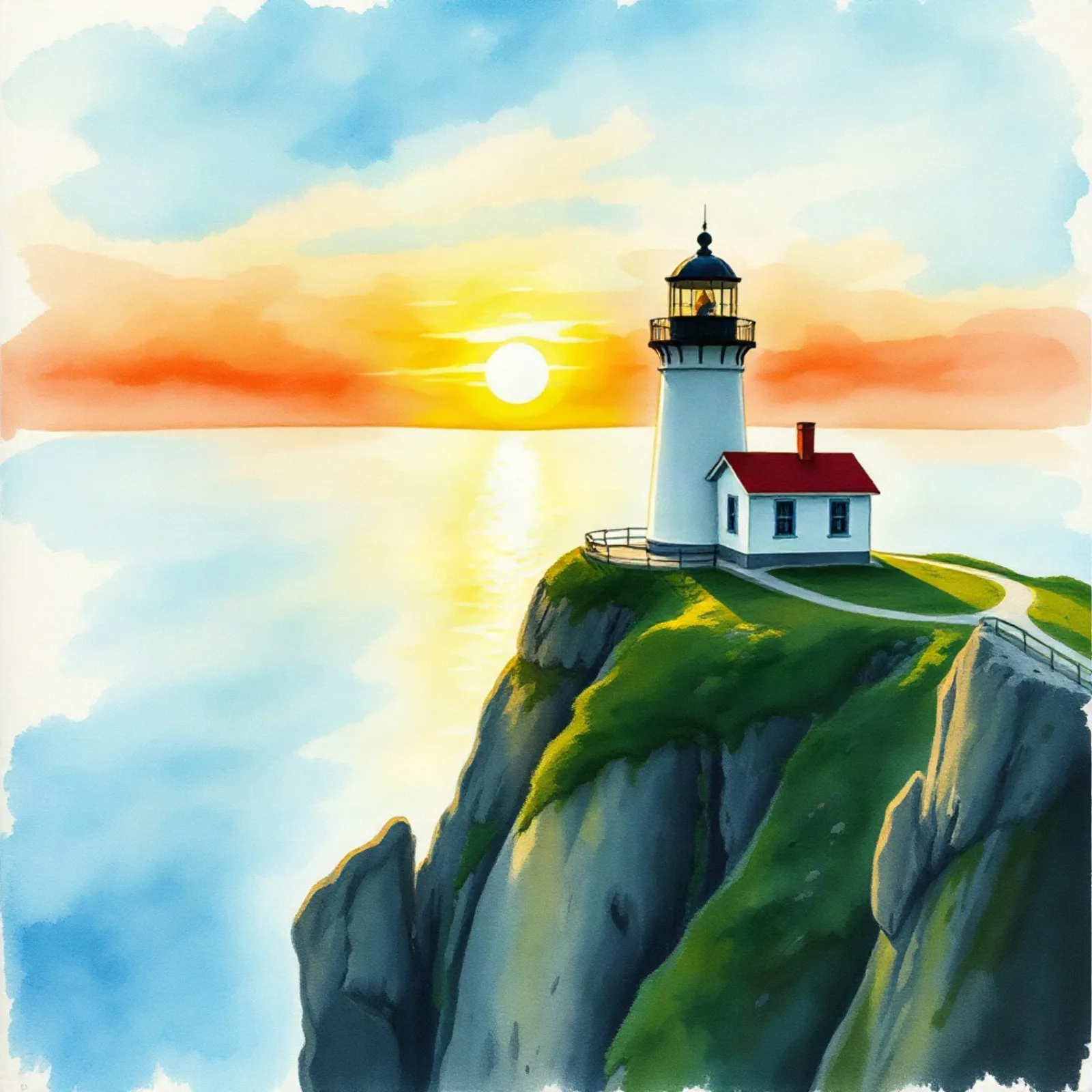 A watercolor lighthouse on a cliff at sunrise generated in ArtCraft