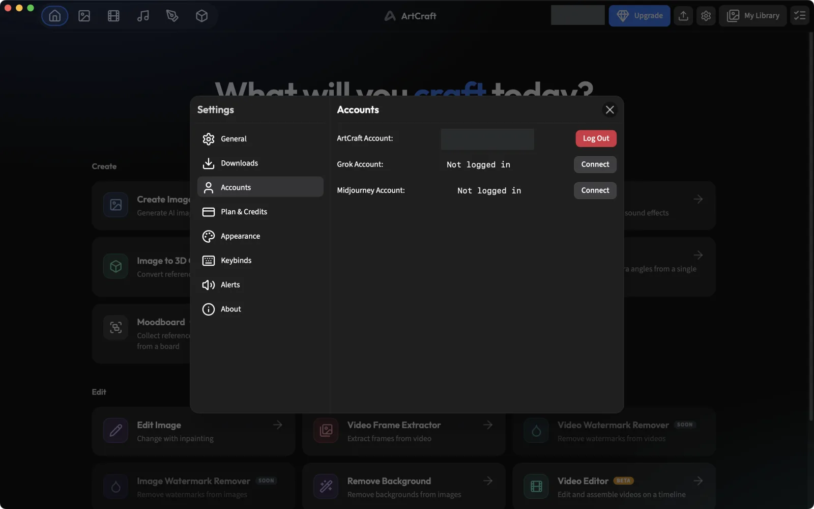 ArtCraft Settings Accounts listing only ArtCraft, Grok and Midjourney accounts with no fal API key field