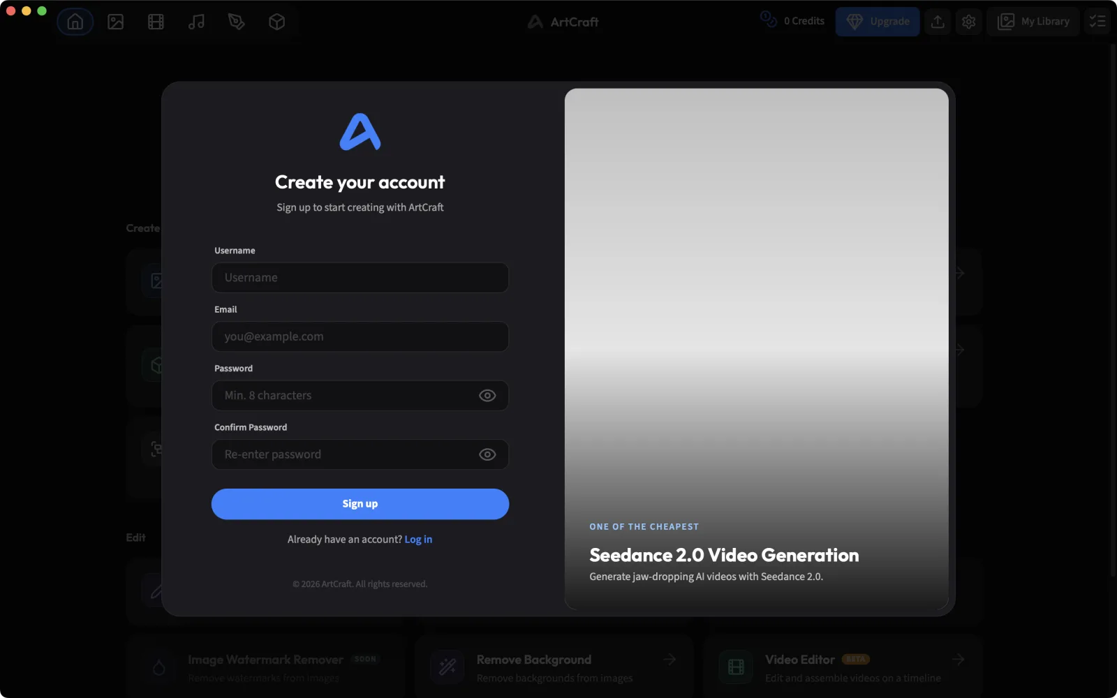 ArtCraft first-launch Create your account window covering the home screen