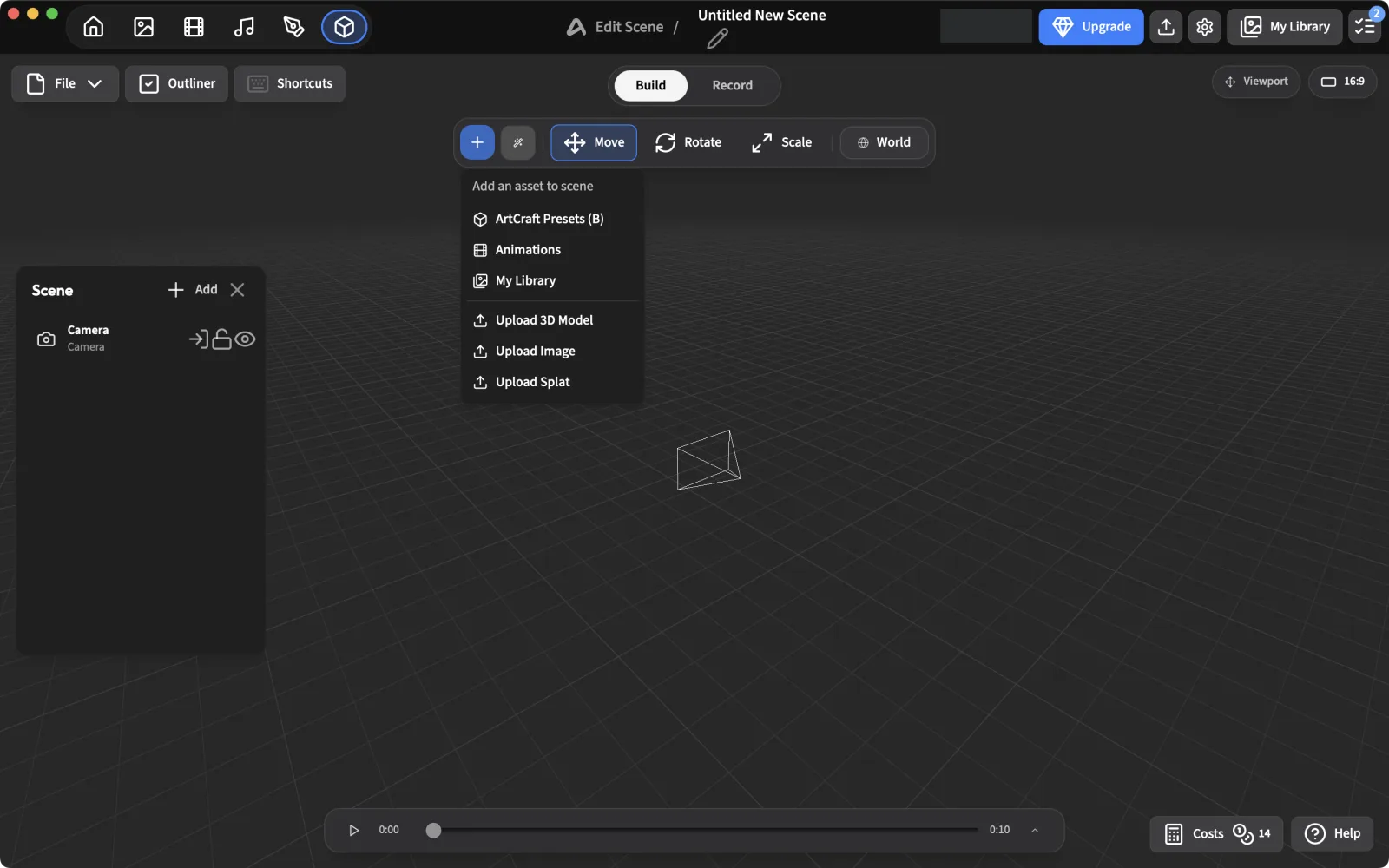 Add an asset to scene menu: ArtCraft Presets, Animations, My Library, Upload 3D Model, Upload Image, Upload Splat