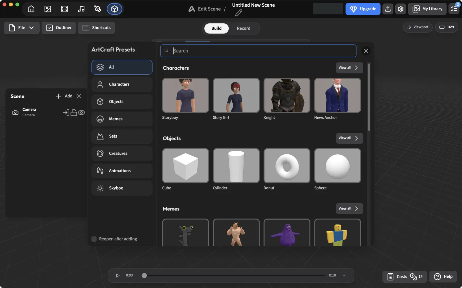 ArtCraft Presets browser with characters, objects and memes, each tile marked Drag to Scene