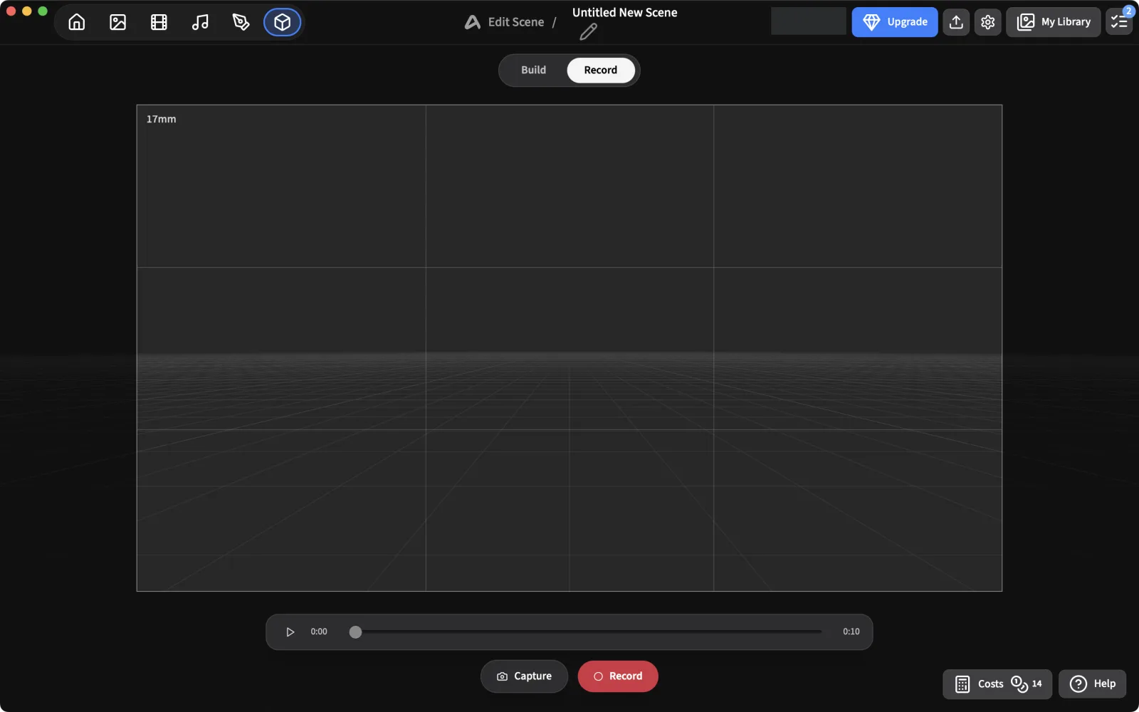 Record mode with Capture and Record buttons under the camera frame