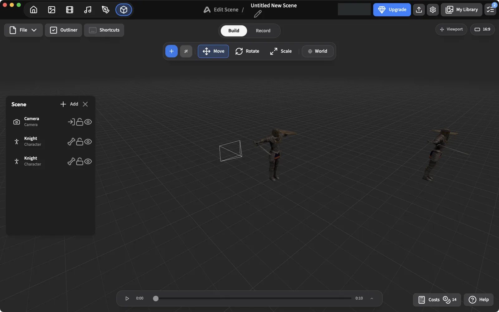 Two knight characters placed on the 3D grid and listed in the Scene panel