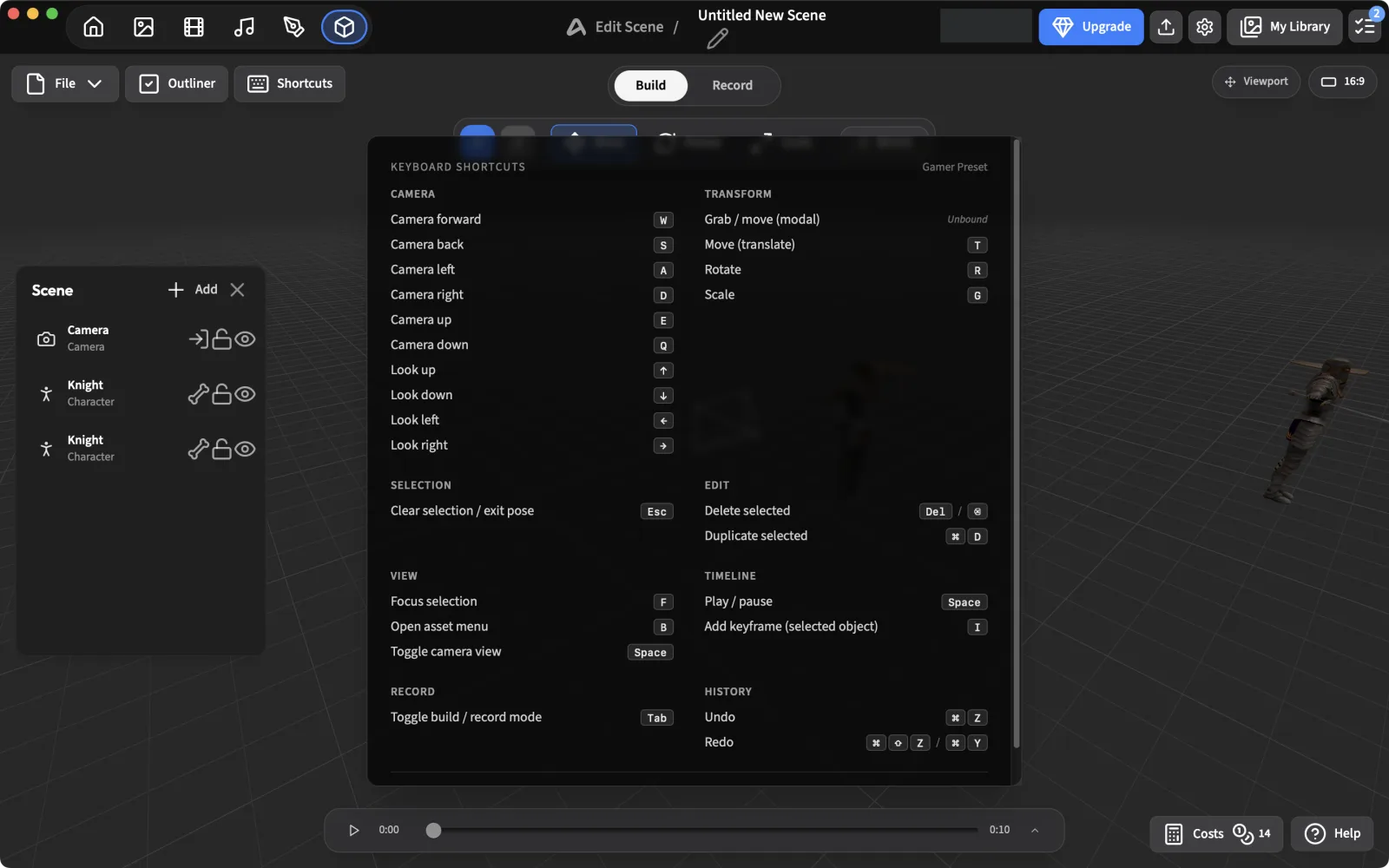 Keyboard shortcuts sheet for the ArtCraft 3D editor