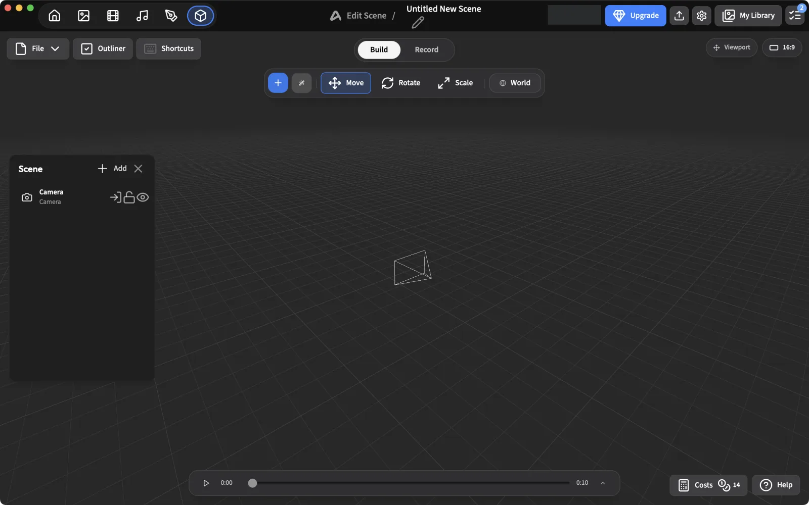 Empty ArtCraft 3D scene editor with Build and Record modes, transform tools, Scene panel and timeline