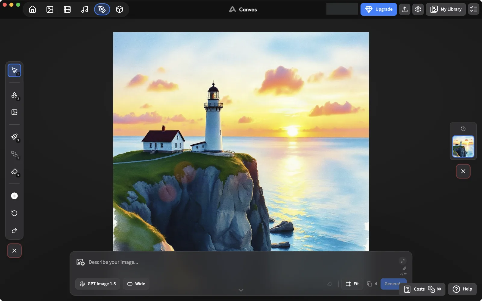 ArtCraft canvas with a generated lighthouse loaded as the base image and the edit prompt bar below