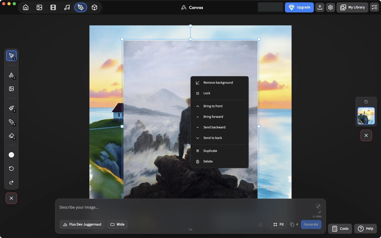 Right-click menu on an ArtCraft canvas layer with Remove background, arrange, duplicate and delete options
