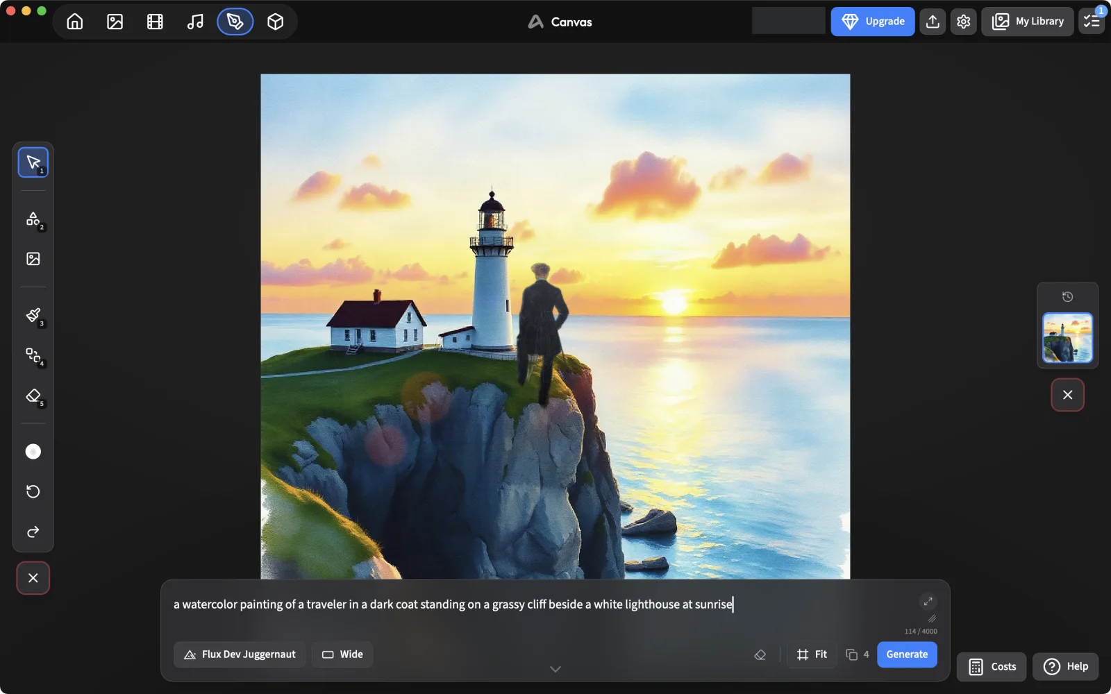 Composition with a prompt describing a traveler beside a lighthouse, ready to generate
