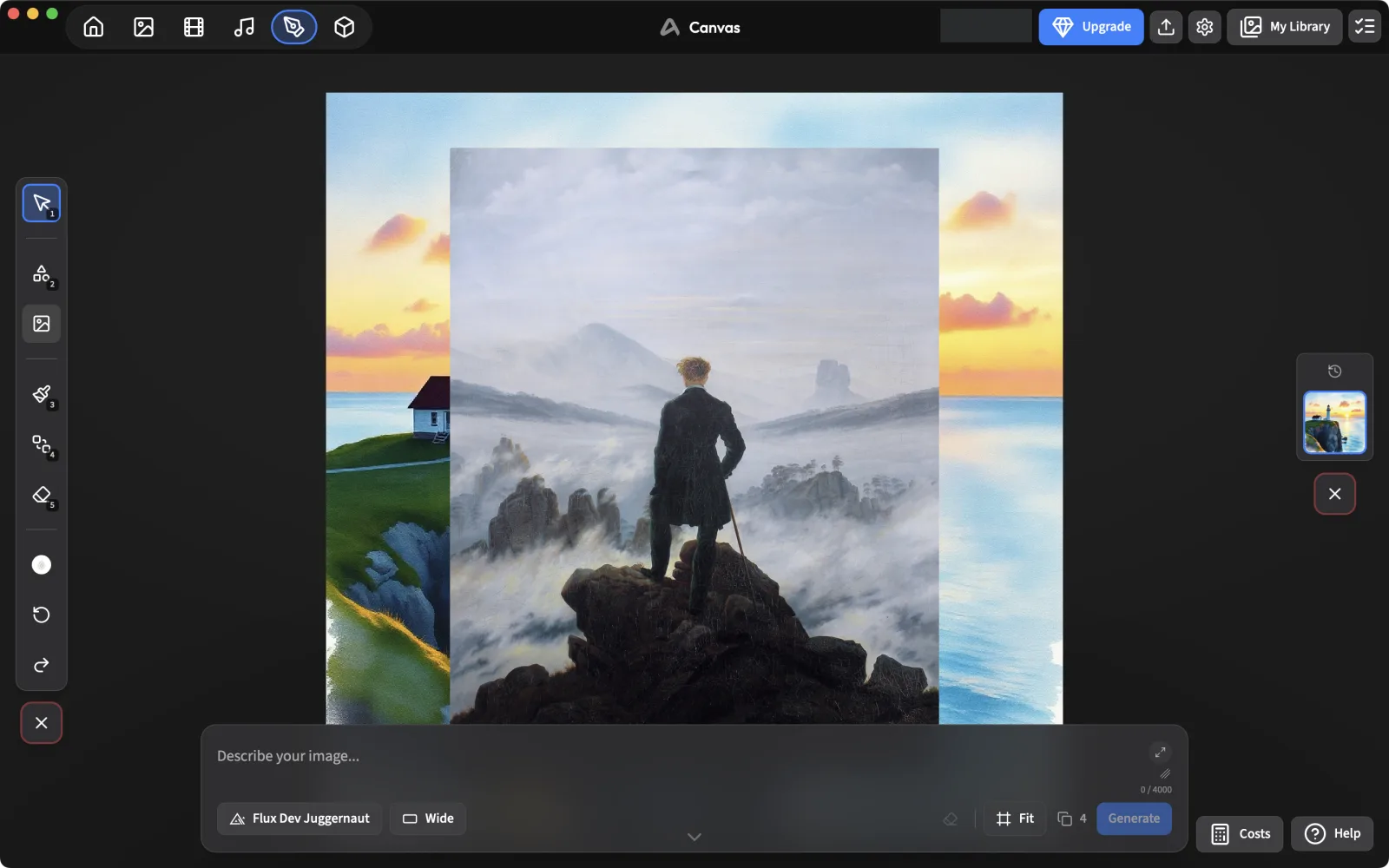 A public-domain painting of a man in a coat added as a second image on top of the lighthouse