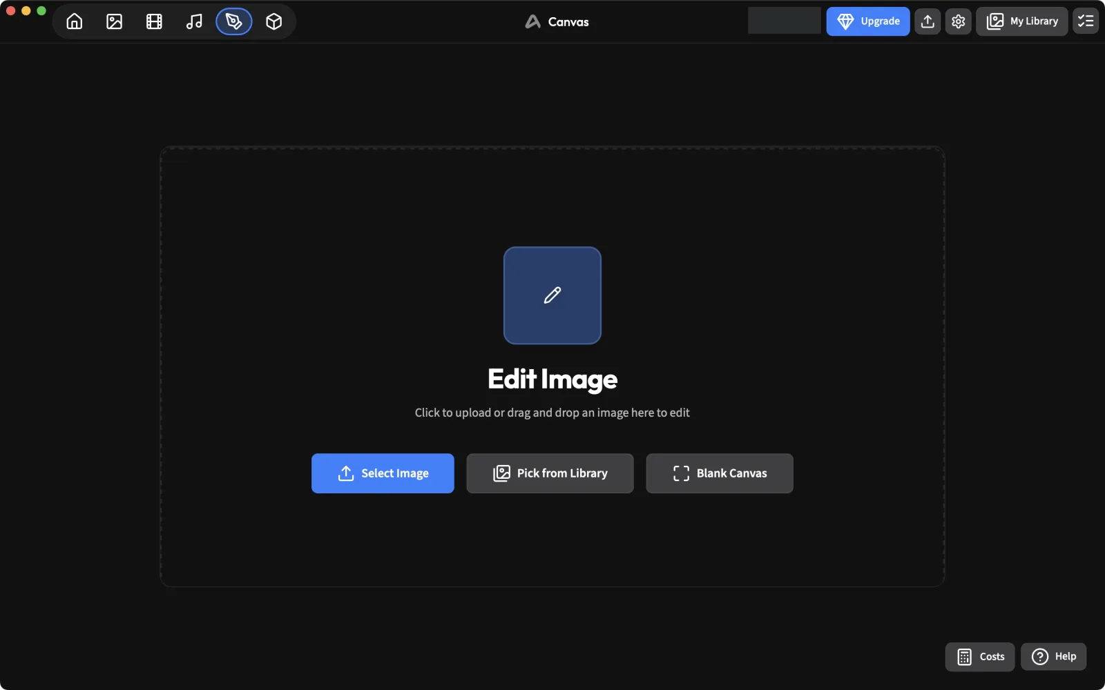 Empty ArtCraft canvas offering Pick from Library or upload