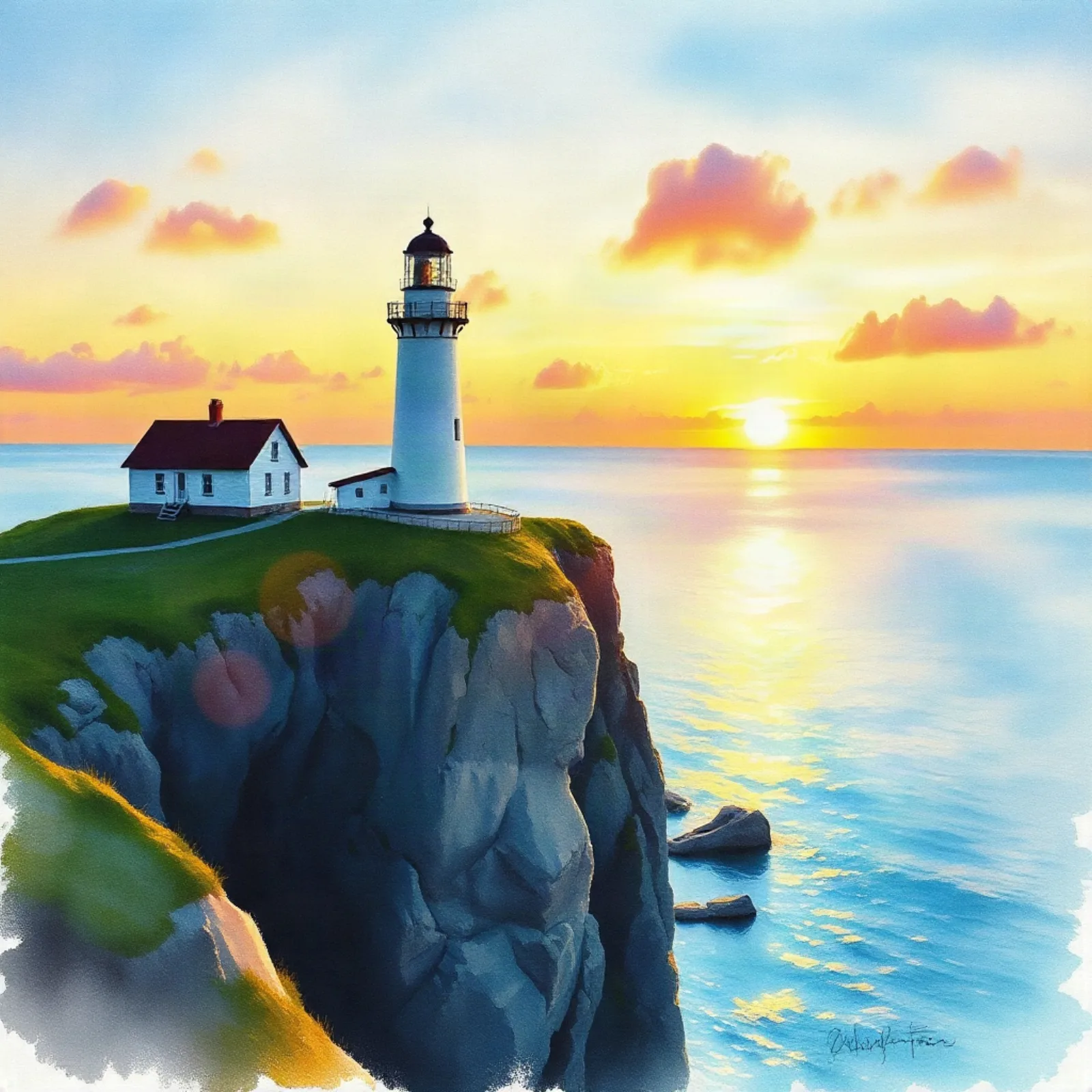 Canvas edit result: the watercolor lighthouse re-rendered without the added figure