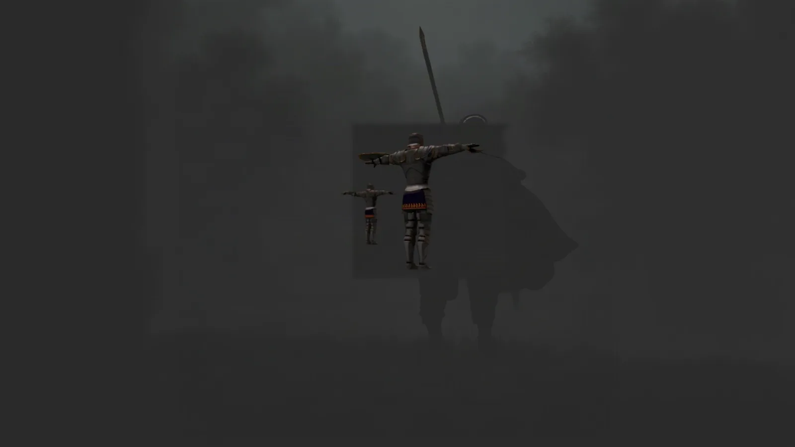 Generated misty moor scene built around the staged knight figures