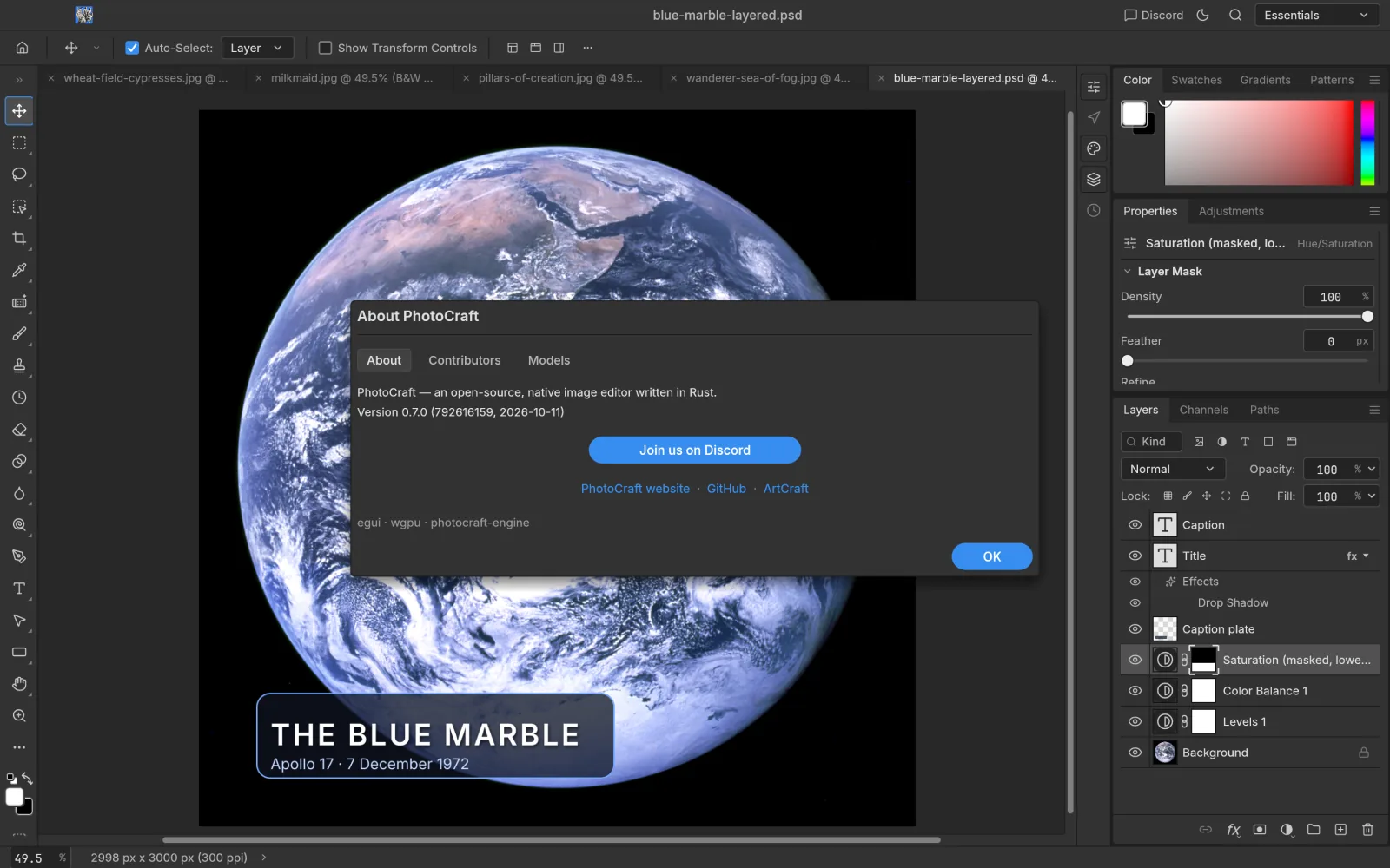 PhotoCraft About dialog showing version 0.7.0