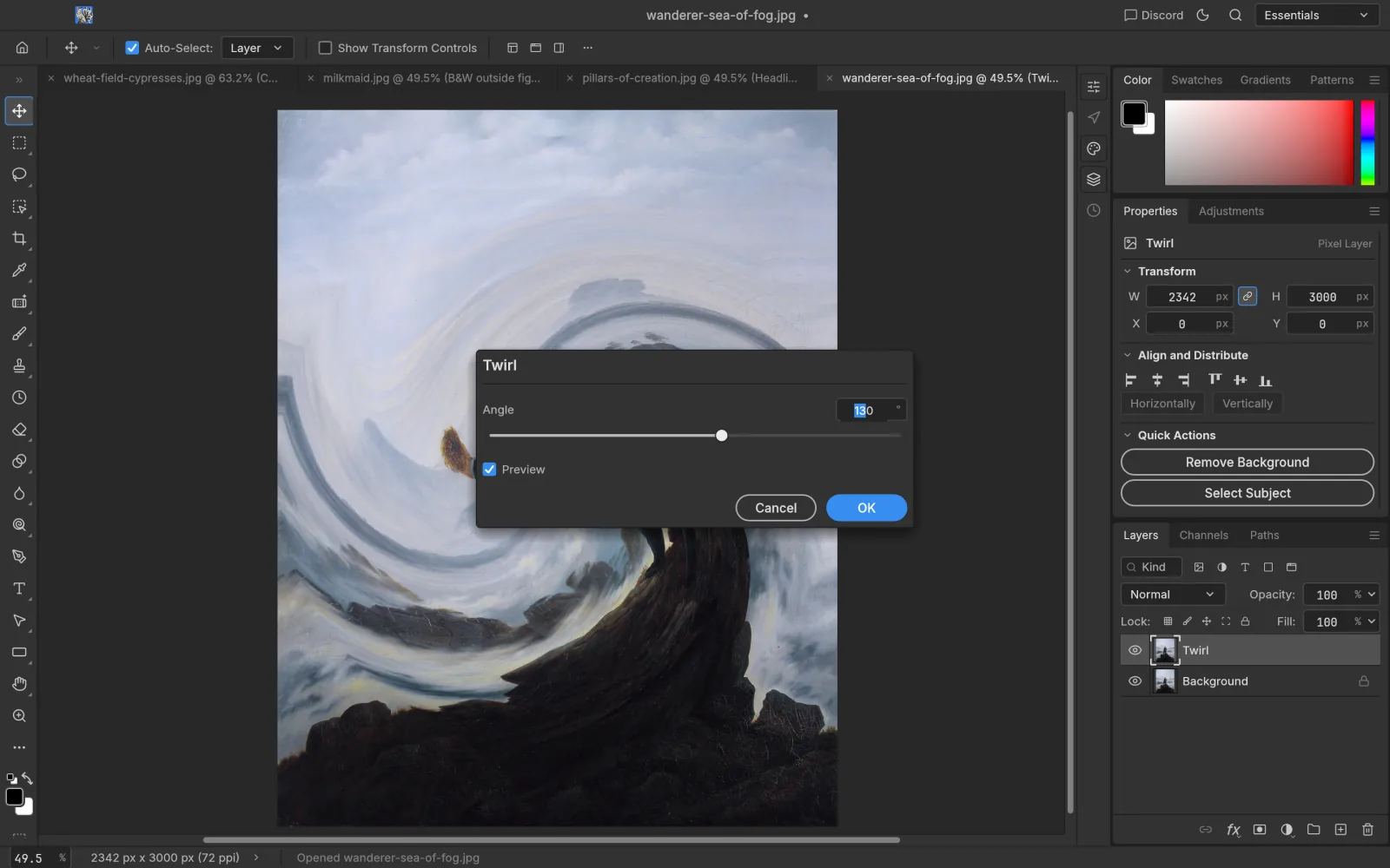 Twirl filter dialog with live canvas preview applied to Friedrich’s Wanderer above the Sea of Fog in PhotoCraft