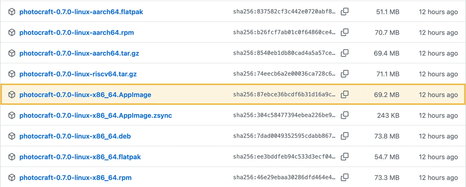 The asset list on the GitHub release page with the x86_64 AppImage highlighted