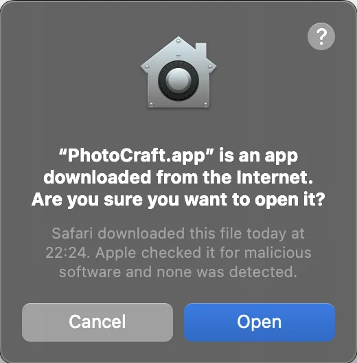 The macOS first-launch prompt: “PhotoCraft.app” is an app downloaded from the Internet. Are you sure you want to open it?