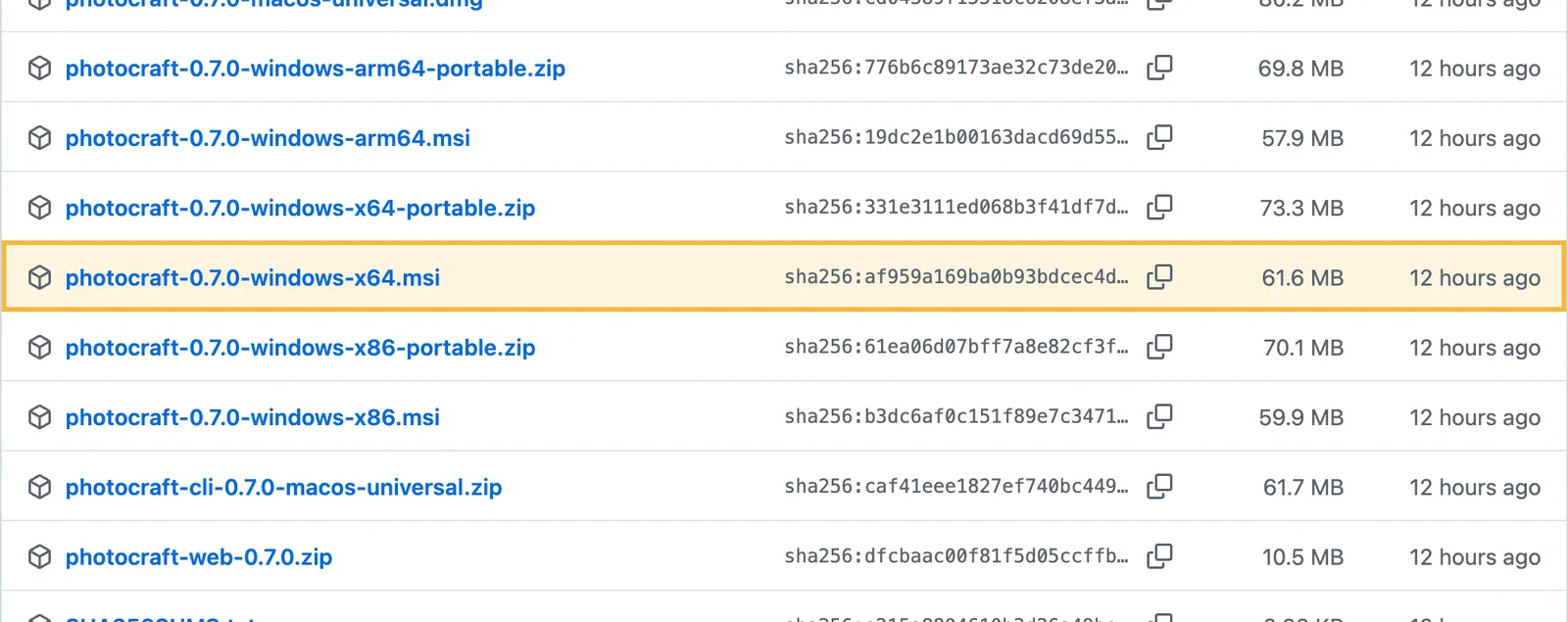 The asset list on the GitHub release page with the x64 MSI highlighted