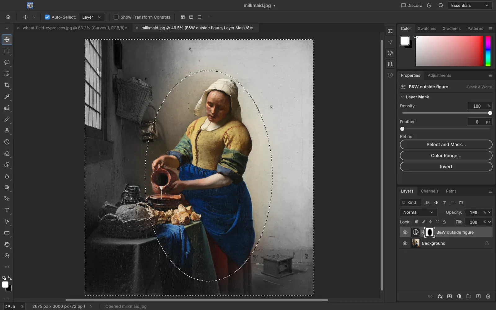 Vermeer’s The Milkmaid in PhotoCraft with a Black & White adjustment layer masked so only the figure stays in colour