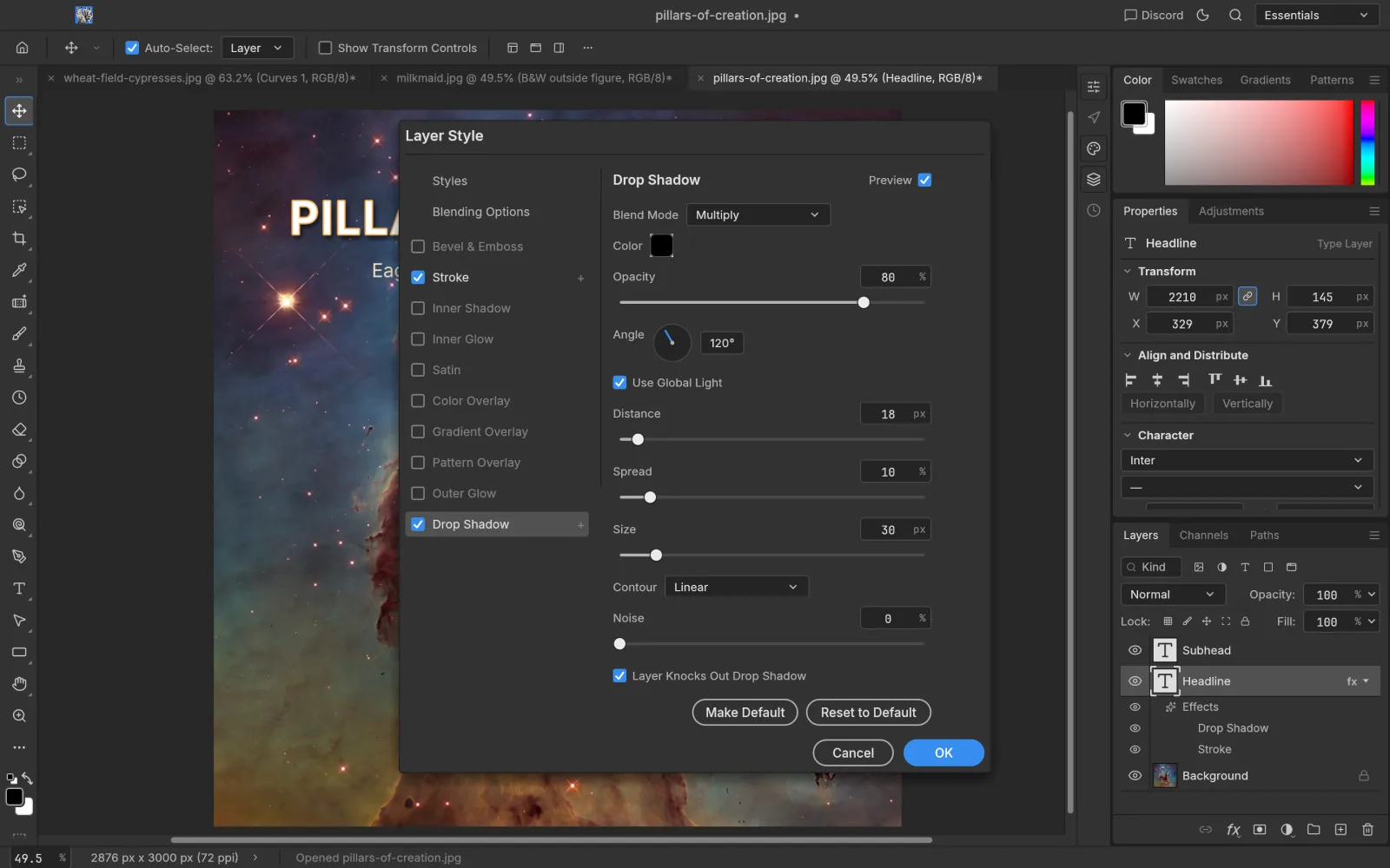 PhotoCraft Layer Style dialog with Drop Shadow settings and Stroke enabled on a type layer