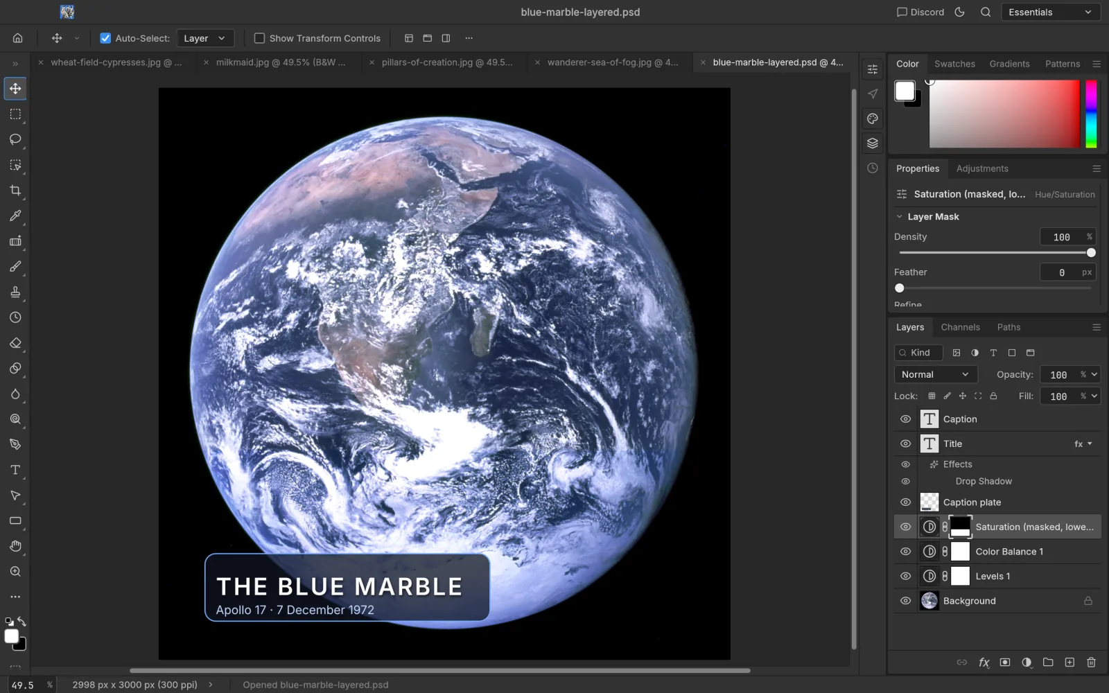 A layered PSD reopened in PhotoCraft with type, shape and masked adjustment layers in the Layers panel