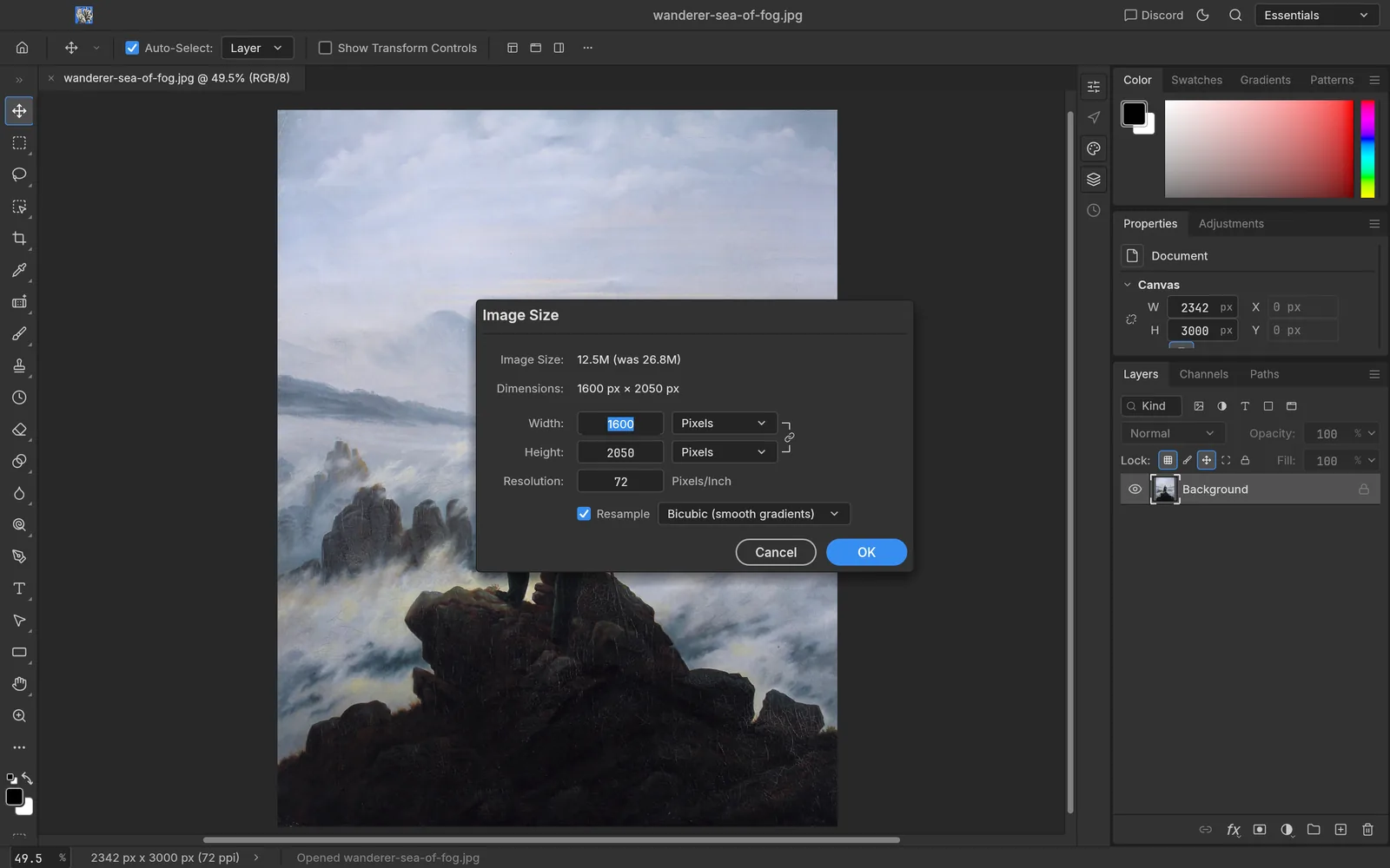 Image Size dialog resizing 2342×3000 px to 1600×2050 px with Bicubic resampling