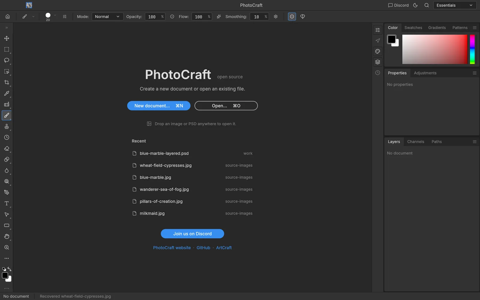 PhotoCraft start screen with New document and Open buttons and a list of recent files