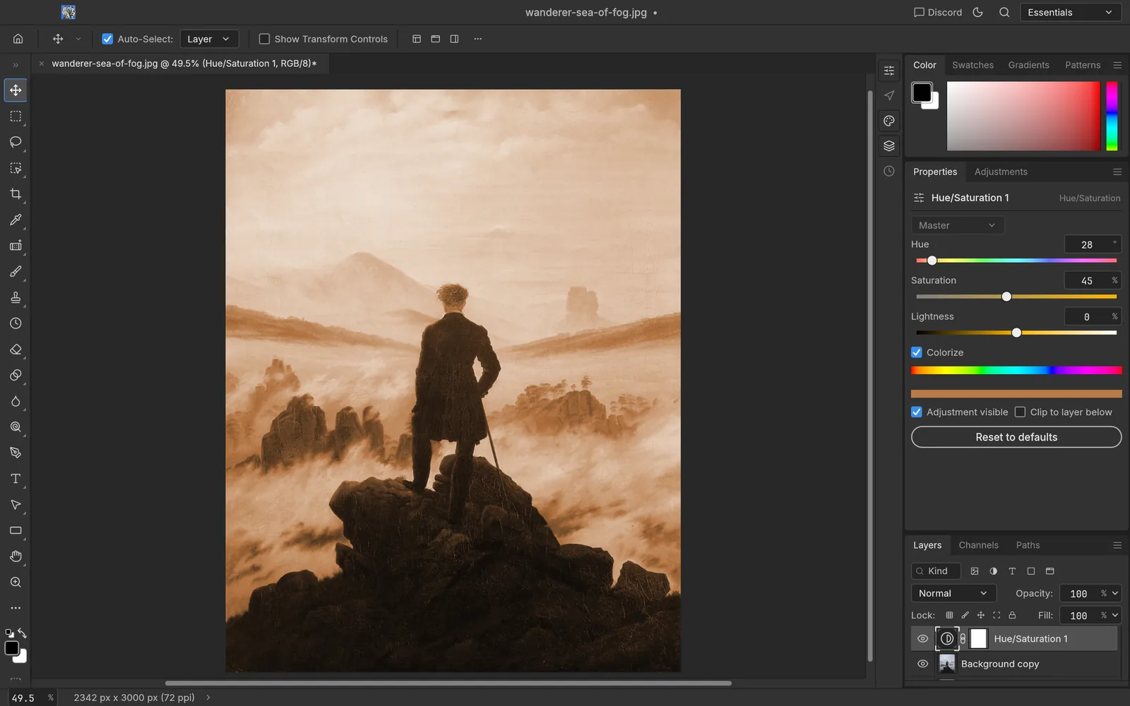 Hue/Saturation properties with Colorize on, Hue 28 and Saturation 45, turning the painting sepia