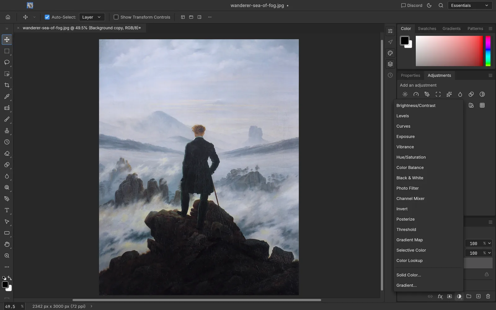 New fill or adjustment layer menu listing Brightness/Contrast, Levels, Curves, Hue/Saturation and more