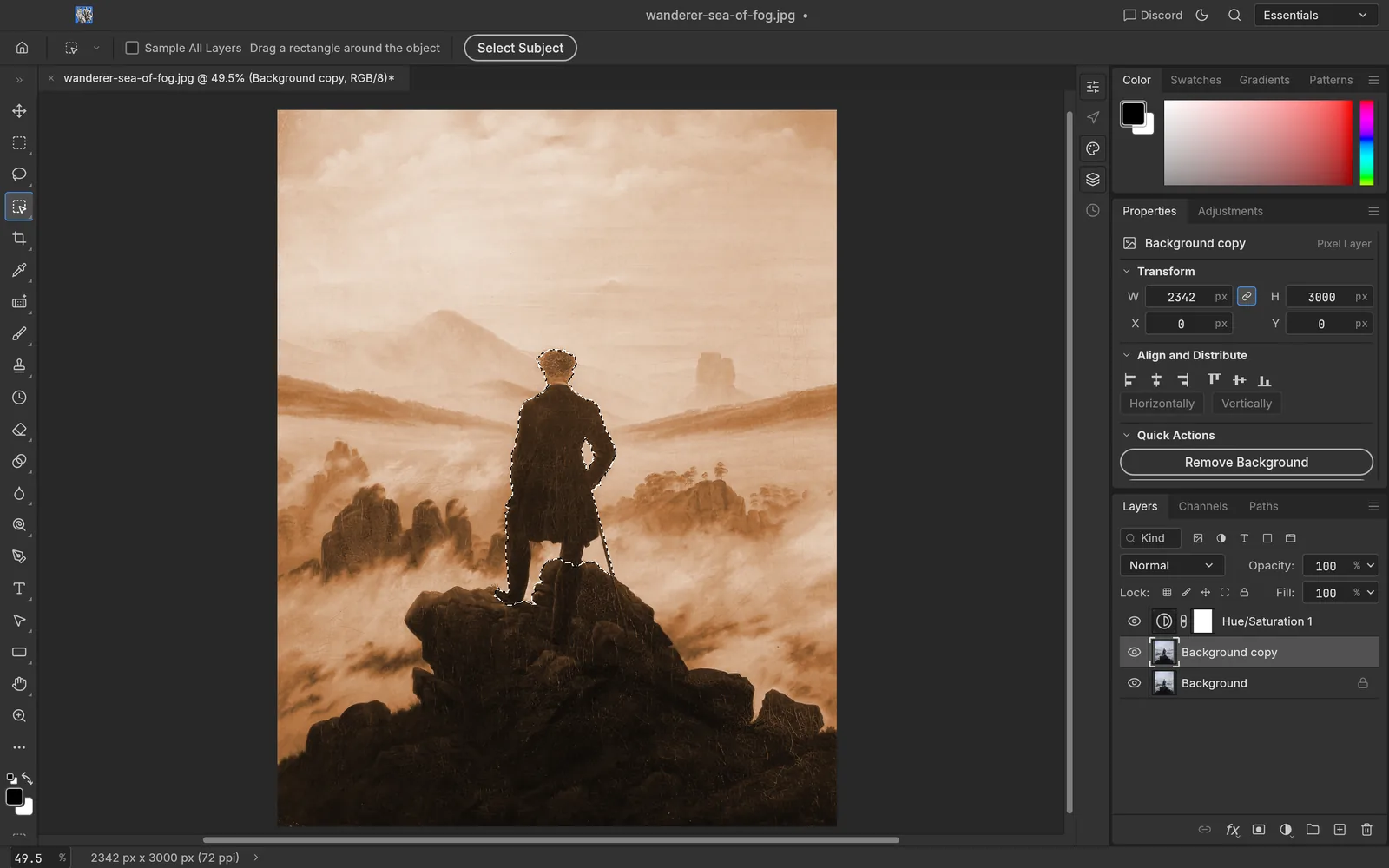 Object Selection tool with marching ants around the wanderer figure