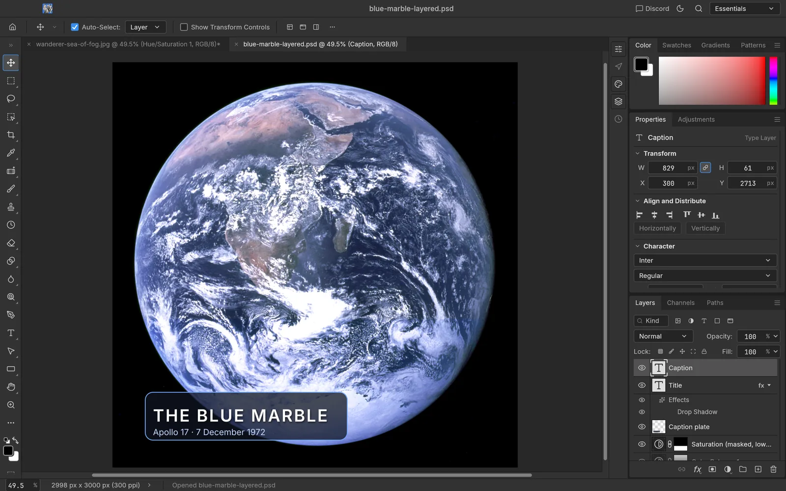 Layered Blue Marble PSD open in PhotoCraft with its caption plate and title