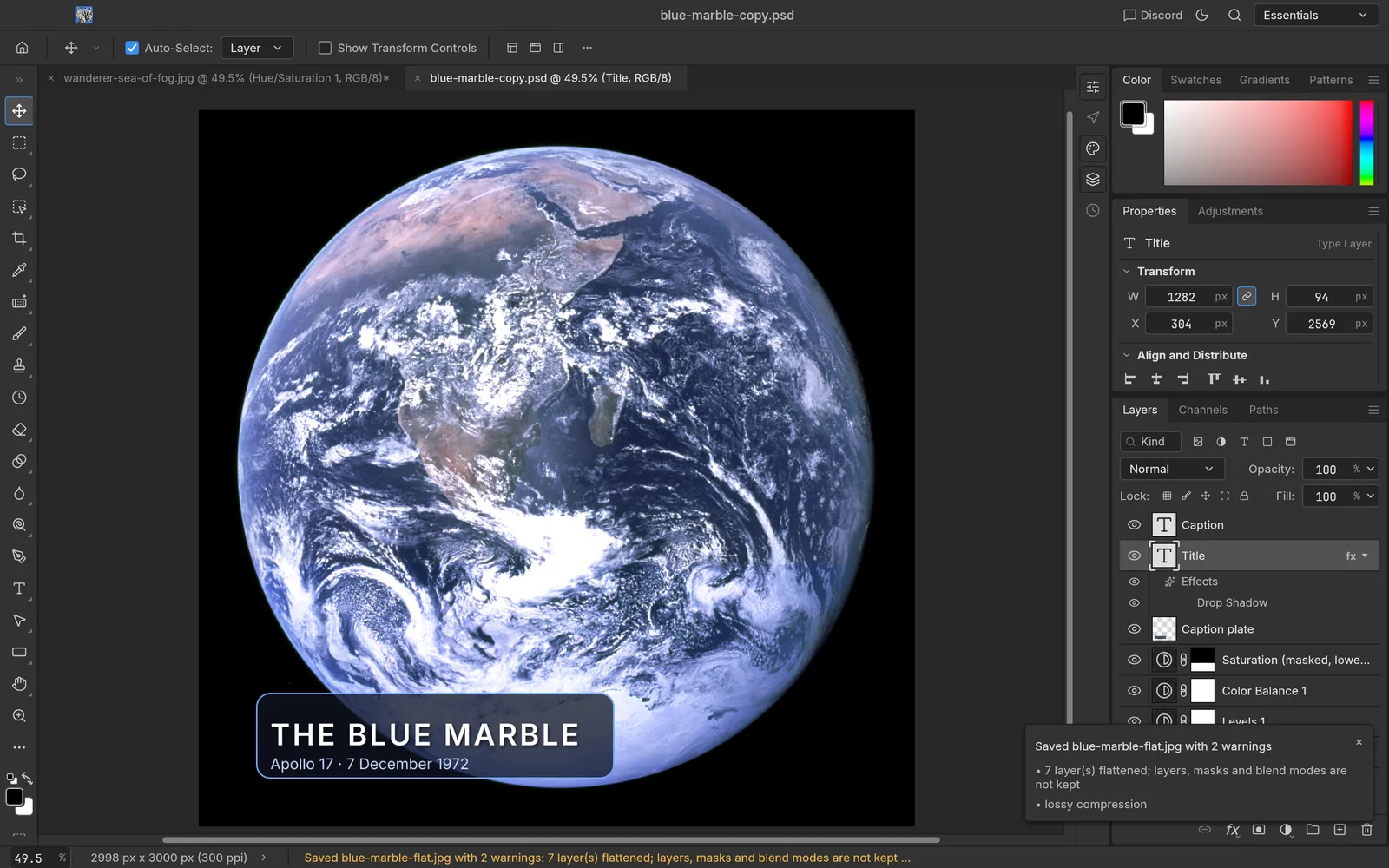 Notice: Saved blue-marble-flat.jpg with 2 warnings — 7 layer(s) flattened; lossy compression