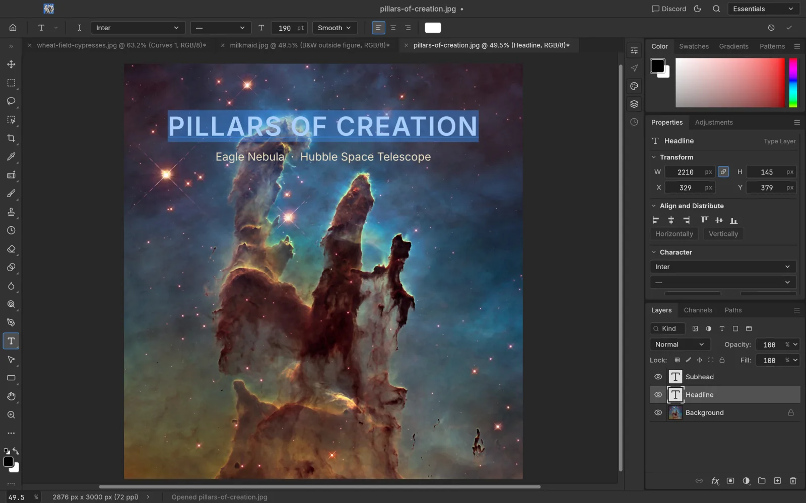 Editing a bold “PILLARS OF CREATION” headline with the Type tool over the Hubble image in PhotoCraft