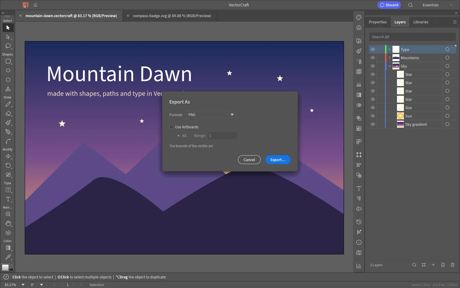 VectorCraft’s Export As dialog with PNG format and a Use Artboards option