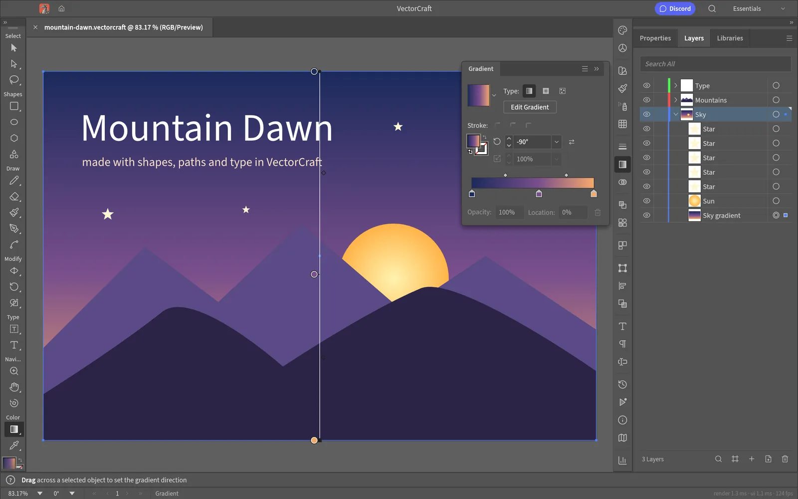 Gradient tool and Gradient panel editing a three-stop linear gradient