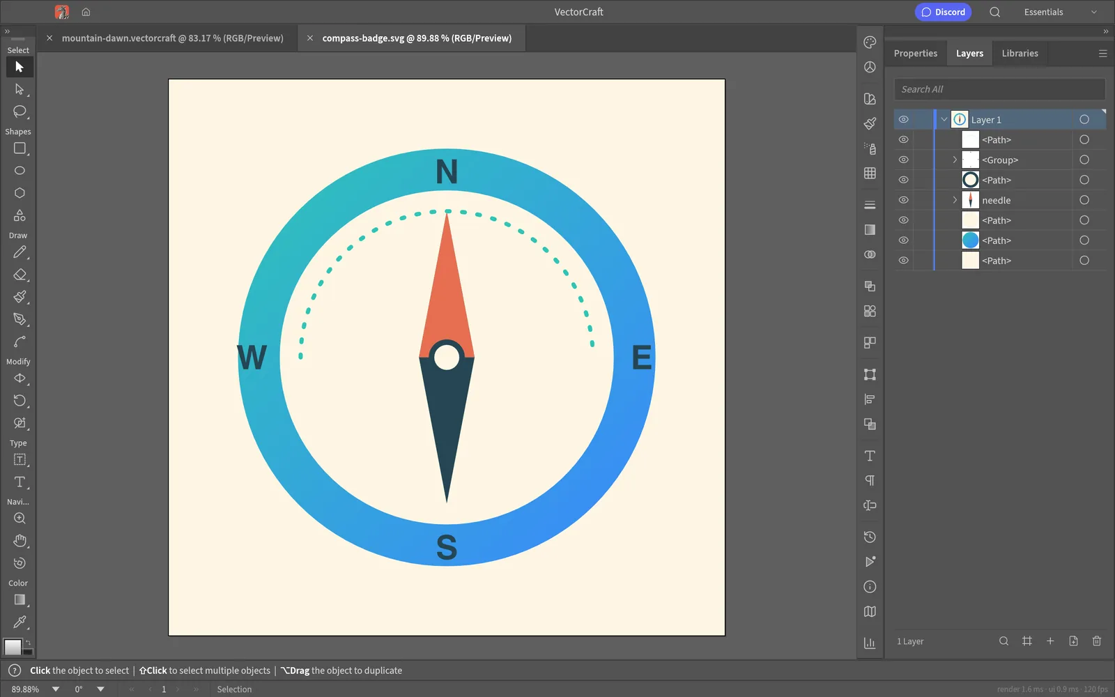 An SVG compass badge opened in VectorCraft with its paths and groups in the Layers panel