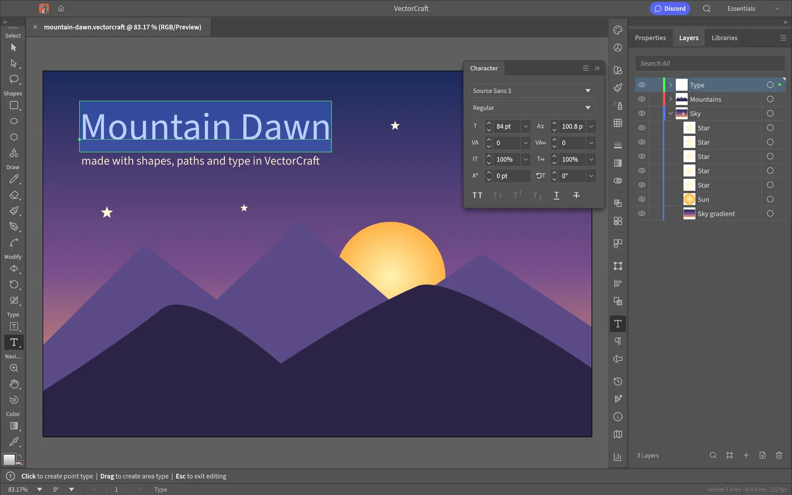 Type tool editing a title with the Character panel showing Source Sans 3 at 84 pt