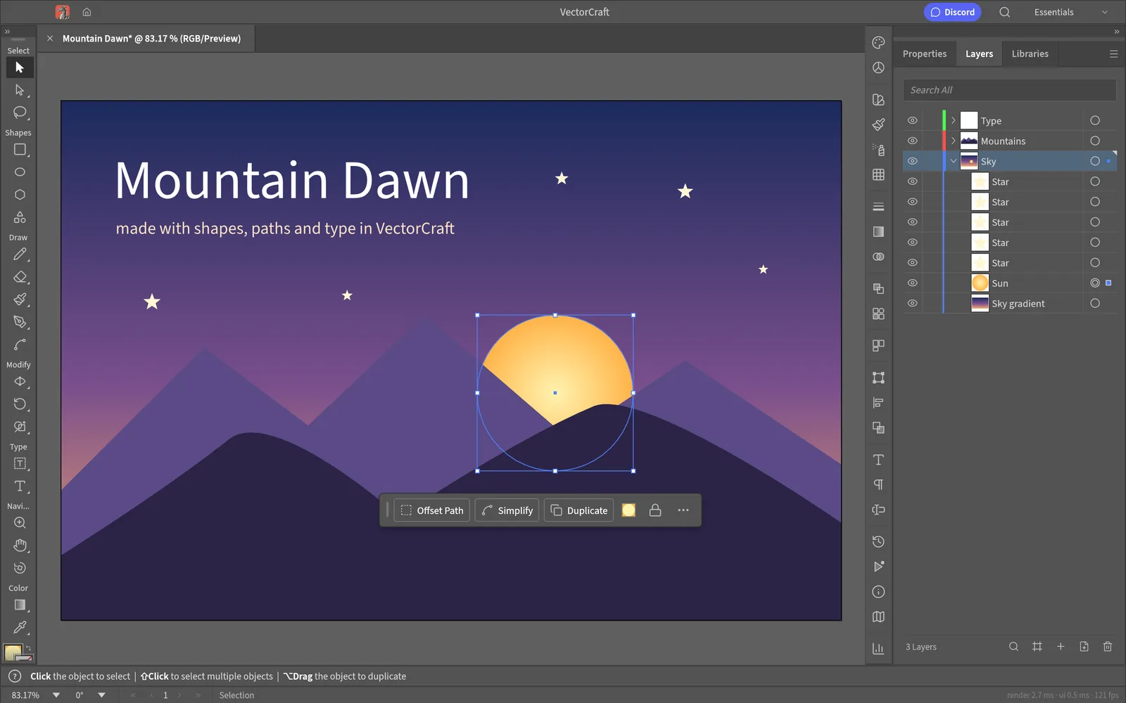 A “Mountain Dawn” illustration in VectorCraft made of a gradient sky, sun, stars, mountain paths and text, with the Layers panel